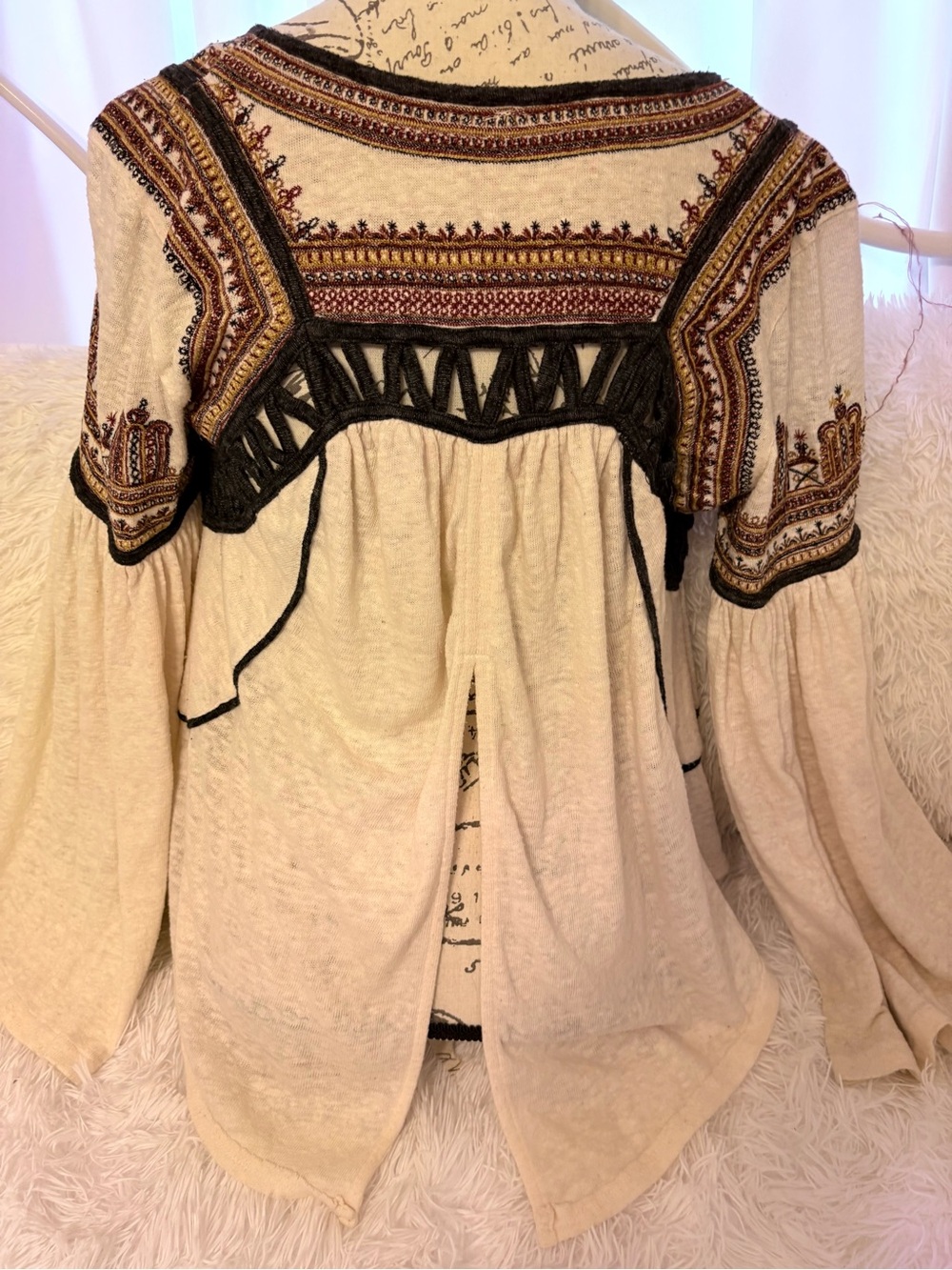 Y2K Free People Cream Peasant Tunic with Black Trim and Maroon Embroidery - Picture 2 of 11